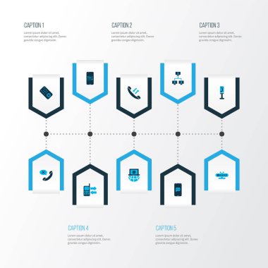 Telekomünikasyon simgeleri mobil veri alışverişi, ses ayarlaması, bağlı bilgisayarlar ve diğer telekom elemanlarıyla renklendirildi. İzole vektör illüstrasyon telekomünikasyon simgeleri.