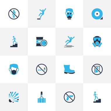 İşaret simgeleri sonbahar tehlikesi, ayak koruması, silah ve diğer ekipman elementleri ile birlikte ayarlandı. İzole vektör illüstrasyon simgeleri.