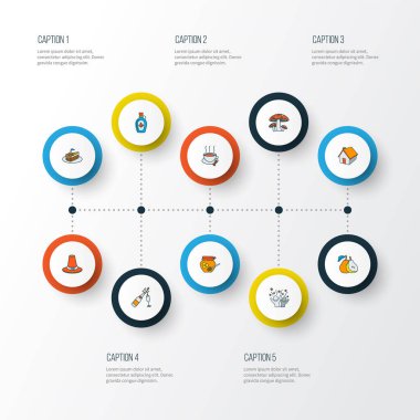 Kutlama simgeleri, sıcak kahve, armut, şükran günü şapkası ve diğer köpük elementleriyle birlikte ayarlandı. İzole vektör illüstrasyon kutlama simgeleri.