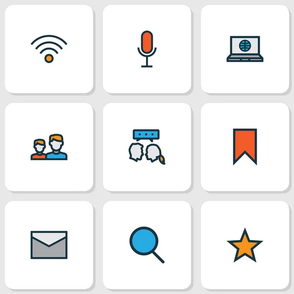 Network icons colored line set with conversation, bookmark, message and other magnifier elements. Isolated illustration network icons.