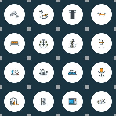 Renk paleti, marangoz aletleri, dairesel merdiven ve diğer hasır mobilya elementleriyle dekorasyon simgeleri. İzole vektör illüstrasyon dekor simgeleri.