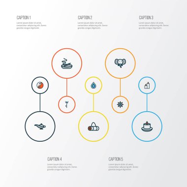 Yoga simgeleri parafin, damla, yin yang ve diğer gevşetici elementlerle renklendirildi. İzole vektör illüstrasyon yoga simgeleri.