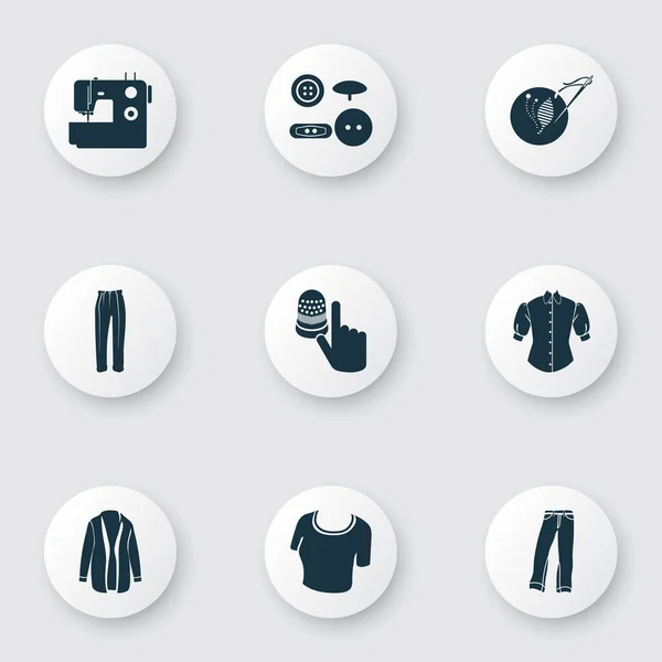 Stílus ikonok készlet varrógép, kardigán, blúz és egyéb póló elemek. Elszigetelt vektor illusztráció stílus ikonok. — Stock Vector