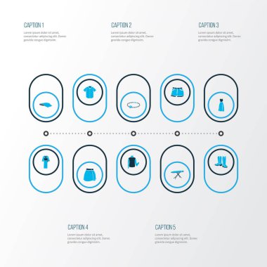 Moda tasarım simgeleri. Kimono, kovboy çizmeleri, ütü masası ve diğer polo unsurlarıyla renklendirilmiş. İzole vektör illüstrasyon moda ikonları.