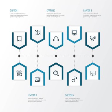 Resim, müzik notası, yakınlaştırma ve diğer ekran ögeleriyle ortam simgeleri çizgisi biçimi. İzole vektör illüstrasyon ortam simgeleri.