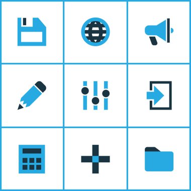 Dizin, dengeleyici, düzenleyici ve diğer hesaplama elemanlarıyla renklendirilmiş kullanıcı simgeleri. İzole edilmiş illüstrasyon kullanıcı simgeleri.