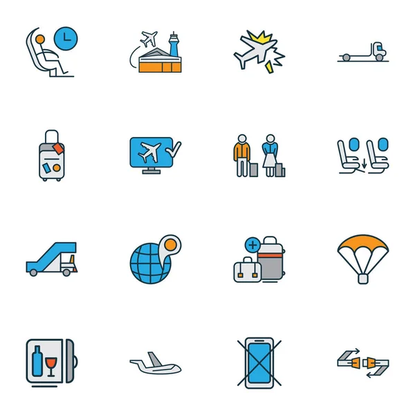 Icone di viaggio linea colorata con incidente aereo, globo con spillo, check-in online e altri elementi bagagli. Isolate icone di viaggio illustrazione . — Foto Stock