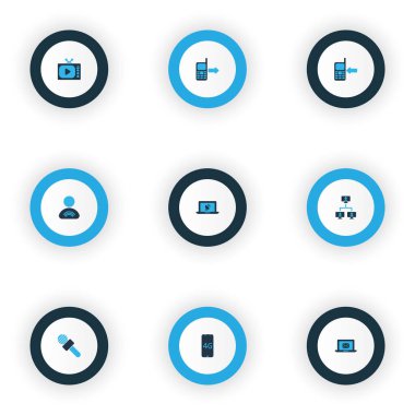 Bağlantı simgeleri arama cep telefonu, mikrofon, 4G akıllı telefon ve dizüstü bilgisayar elemanları üzerindeki diğer postalarla birlikte ayarlandı. İzole vektör illüstrasyon bağlantı simgeleri.