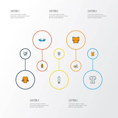 Moda simgeleri kısa kollu, kırpılmış bluzlu, zarif bluzlu ve diğer manken unsurlu çizgiler. İzole vektör illüstrasyon moda simgeleri.