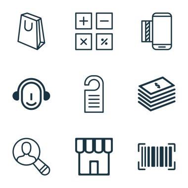 E-ticaret simgeleri kağıt para, etiket, seyirci bulmak ve diğer iş unsurları ile ayarlanır. İzole vektör illüstrasyon e-ticaret simgeleri.