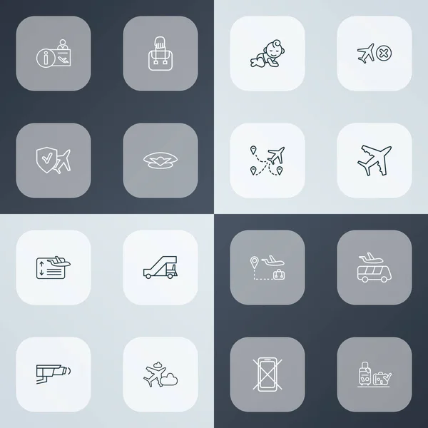 Cestovní ikony linka styl nastavit s uličkou, žádný mobilní telefon, video ovládání a další prvky můstku. Izolované ikony cestování vektorovou ilustrací. — Stockový vektor