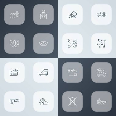 Seyahat simgeleri çizgisi, iskele yolu, cep telefonu yok, video kontrol ve diğer iskele elemanları. İzole edilmiş çizim seyahat simgeleri.