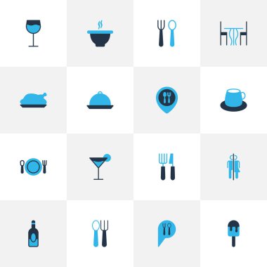 Kafe ikonları kokteyl, çorba, restoran ve diğer kafe elementleriyle renklendirilmiş. İzole resimli kafe simgeleri.