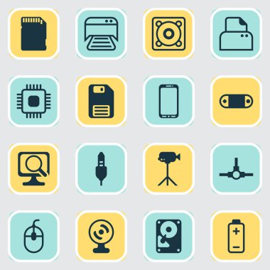 Bilgisayar faresi, sd kartı, hoparlör ve diğer disket elemanları ile donanım simgeleri ayarlandı. İzole vektör illüstrasyon donanım simgeleri.