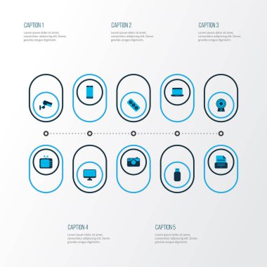 Gadget simgeleri web kamerası, televizyon, flash disk ve diğer cep telefonu elemanları ile renklendirildi. İzole vektör illüstrasyon aygıtı simgeleri.