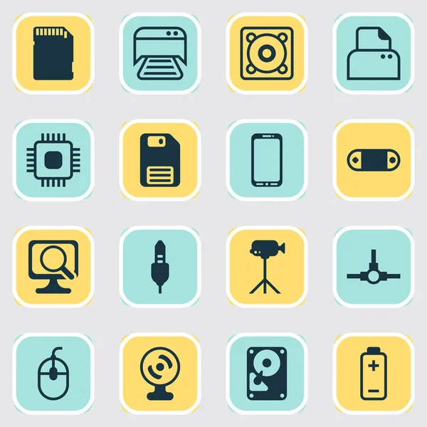 Ikony sprzętowe z myszką komputerową, kartą SD, głośnikiem i innymi elementami dyskietki. Izolowane wektorowe ilustracje ikon sprzętowych. — Wektor stockowy