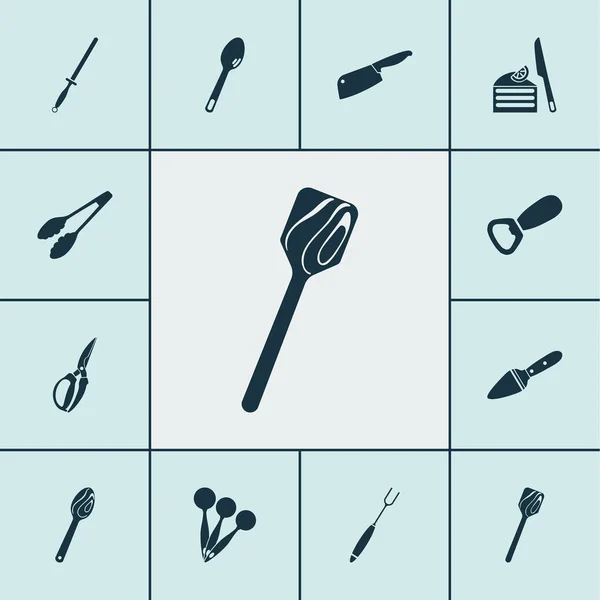 Evőeszköz ikonok készlet fa spatula, evőeszközök, fából készült kanál és egyéb evőeszközök elemek. Izolált vektor illusztráció evőeszköz ikonok. — Stock Vector
