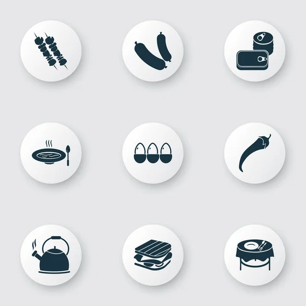 Comer iconos establecidos con pimienta, shish kebab, tetera y otros elementos frankfurter. Ilustración vectorial aislada comiendo iconos . — Vector de stock