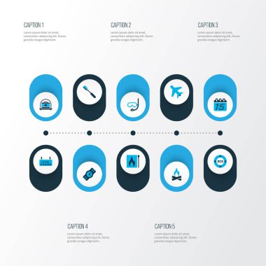 Trip simgeleri kol saati, şenlik ateşi, diş fırçası ve diğer kibrit kutuları ile renklendirilmiş. İzole vektör illüstrasyon gezi simgeleri.