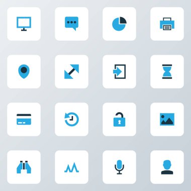 Kum saati, sohbet, kilidi açmak ve diğer resim öğeleriyle renklendirilmiş kullanıcı simgeleri. İzole vektör resimleme simgeleri.