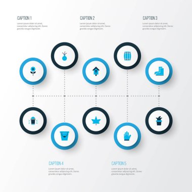 Çiçek, saksı, fıçı ve diğer bitki elementleriyle renklendirilmiş çiftlik simgeleri. İzole vektör illüstrasyon çiftlik simgeleri.