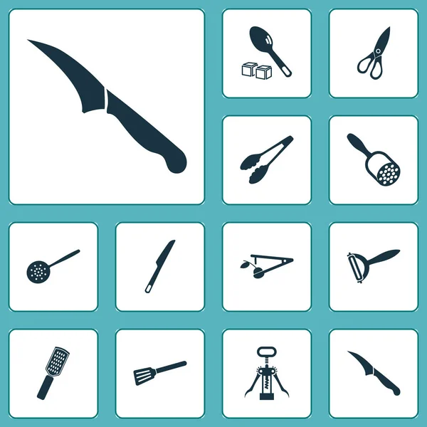 Conjunto de iconos de cubiertos con cuchara ranurada, gadget, sacacorchos y otros elementos abridores de vino. Iconos de ilustración vectorial aislado cubiertos . — Vector de stock