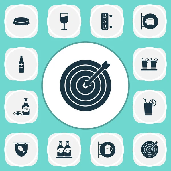 Alcohol icons set with bottle cap, glass of wine, darts and other beer sign elements. Isolated vector illustration alcohol icons.