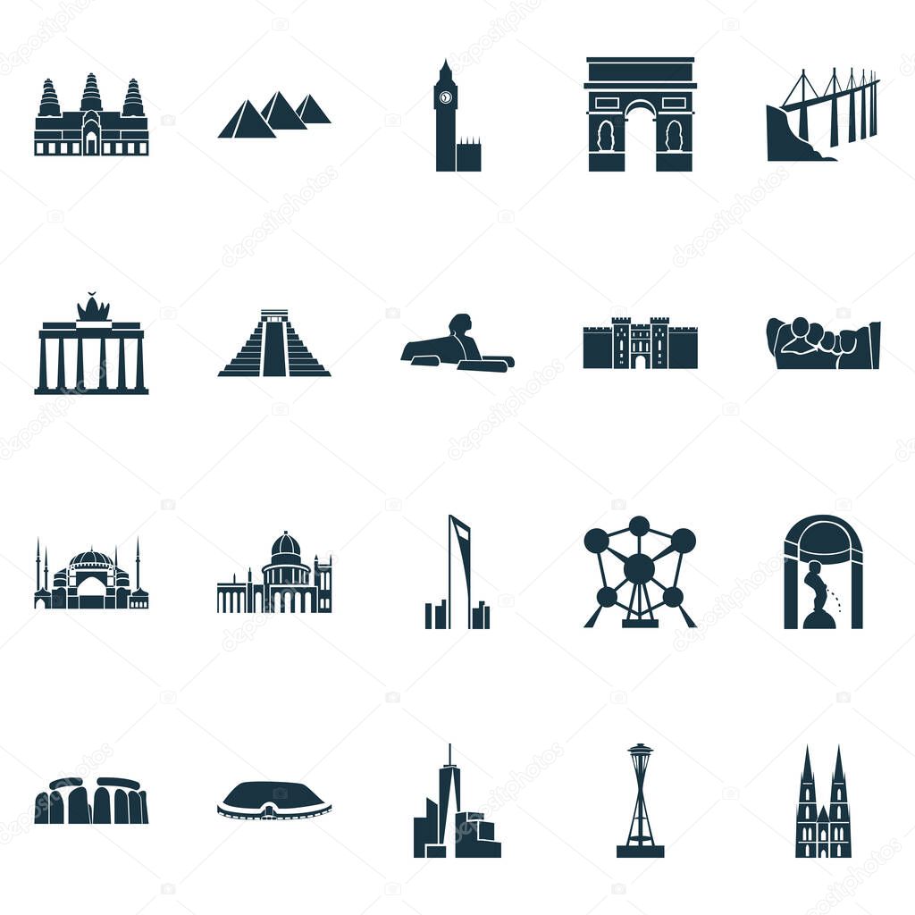 History icons set with shanghAI world financial center, mount rushmore, space needle and other heritage elements. Isolated vector illustration history icons.