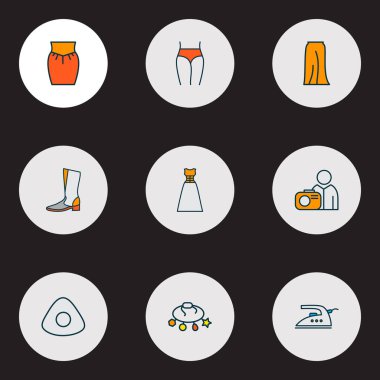 Çizme, tebeşir, külot ve diğer giyim elementleriyle renklendirilmiş simge çizgileri. İzole edilmiş illüstrasyon biçimi simgeleri.