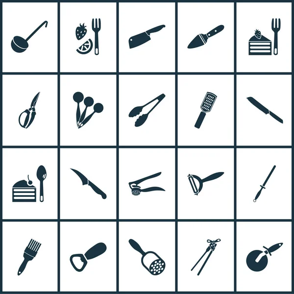 Ikony na nádobí s odměrnou lžičkou, naběračkou, nabroušenou ocelí a dalšími prvky dezertní lžíce. Izolované ilustrace utensil ikony. — Stock fotografie