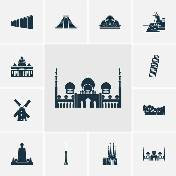 Toerisme iconen ingesteld met lotus tempel, midden op aarde, sjeik zayed grote moskee en andere Griekse elementen. Geïsoleerde vector illustratie toerisme iconen. — Stockvector