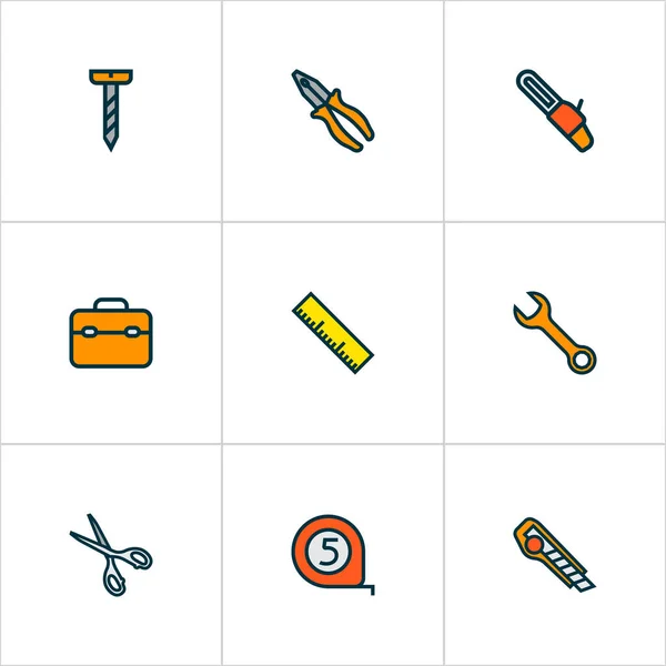 Iconos de herramientas manuales de color conjunto de líneas con llave inglesa, caja de herramientas, tijeras y otros elementos de tijeras. Iconos de herramientas manuales de ilustración vectorial aislado . — Vector de stock