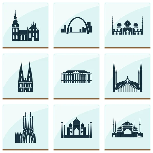 Ícones de cultura conjunto com taj mahal, colônia catedral, sagrada família e outros elementos da mesquita Índia. Ícones isolados da cultura da ilustração do vetor . — Vetor de Stock