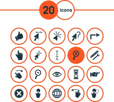 Arayüz simgeleri ileri işareti, el sürüme ve dünya çapında elementlerle ayarlandı. İzole edilmiş illüstrasyon arayüz simgeleri.