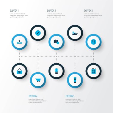 Seyahat simgeleri zaman, güneş kremi, gemi ve diğer güneş kremleri içeren haritalarla renklendirildi. İzole vektör illüstrasyon yolculuk simgeleri.