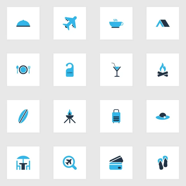 Iconos de viaje de color conjunto con aviones, maleta, café y otros elementos de equipaje. Iconos de viaje de ilustración vectorial aislado . — Vector de stock