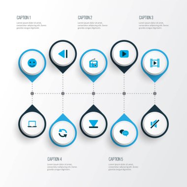 Müzik simgeleri ok aşağı, senkronize, ses kapalı ve diğer film unsurları ile renklendirildi. İzole müzik simgeleri.