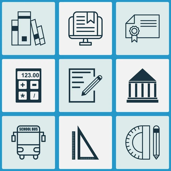Icone di istruzione con certificato, edificio universitario, righelli e altri elementi della biblioteca. Isolate icone di istruzione illustrazione . — Foto Stock