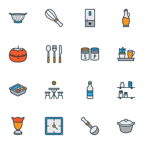 Iconos de cocina de color conjunto de línea con vidrio de helado, cucharón de sopa, reloj y otros elementos de cuchara de cocina. Iconos de cocina ilustración aislada . — Foto de Stock