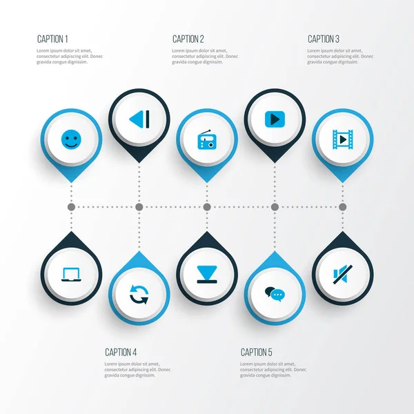 Hudební ikony barevný set se šipkou dolů, synchronizace, zvuk off a další filmové prvky. Izolované ikony ilustrační hudby. — Stock fotografie
