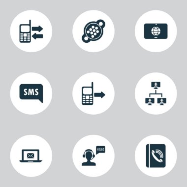 Telekomünikasyon simgeleri, giden, dokunmatik ekran, 9 pin konnektörü ve diğer yardım hattı elementleriyle ayarlandı. İzole vektör illüstrasyon telekomünikasyon simgeleri.