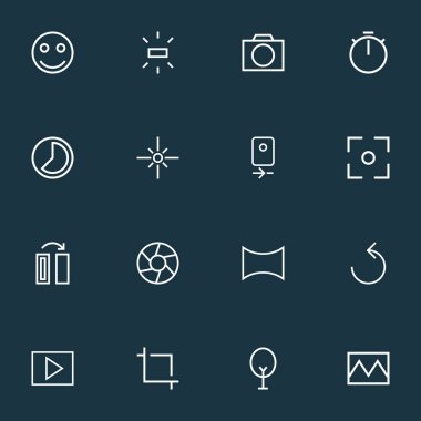 Resim simgeleri çizgisi biçimi, yakalama, açı, gülümseme ve diğer kırık resim öğeleriyle ayarlandı. İzole vektör illüstrasyon fotoğraf simgeleri.