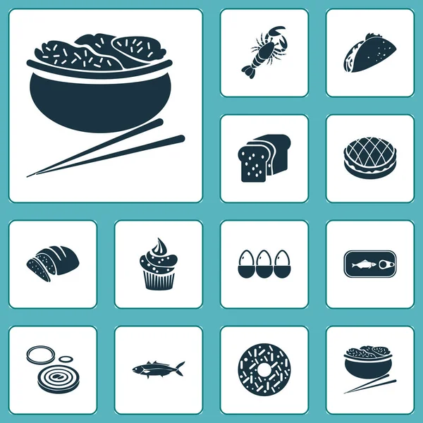 Conjunto de iconos nutricionales con pescado, rosquilla, huevos y otros elementos del marisco. Iconos de nutrición de ilustración vectorial aislada . — Archivo Imágenes Vectoriales