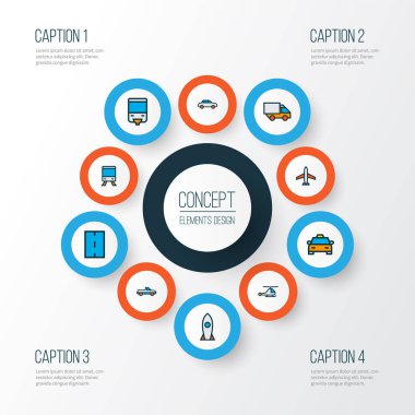 Sevkiyat simgeleri taksi, kamyon, roket ve diğer uçak unsurlarıyla birlikte ayarlandı. İzole vektör sevkiyat simgeleri.