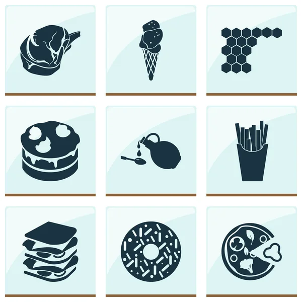 Conjunto de iconos nutricionales con pizza vegetariana, papas fritas, panales de miel y otros elementos de postre. Iconos de nutrición de ilustración vectorial aislada . — Archivo Imágenes Vectoriales