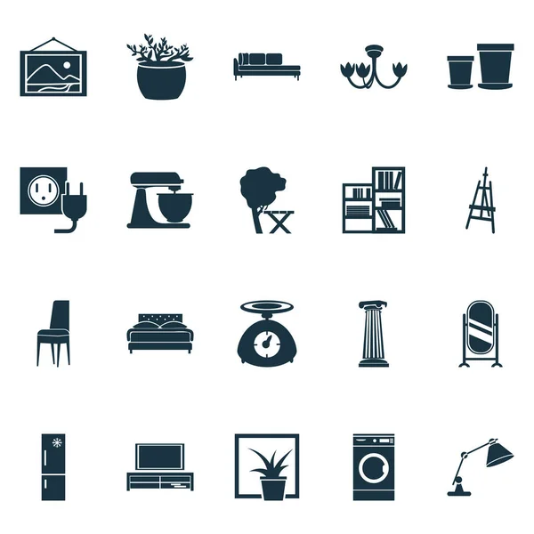 Iconos de decoración para el hogar con imagen de pared, banco de tv, unidad de estanterías y otros elementos de tocador de pie. Iconos de decoración del hogar de ilustración vectorial aislado . — Archivo Imágenes Vectoriales