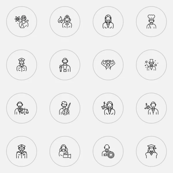 Persönlichkeitssymbole linieren den Stil mit Magier, Kamera, Fahrer und anderen Lenkungselementen. Isolierte Vektor-Icons zur Illustration von Personen. — Stockvektor