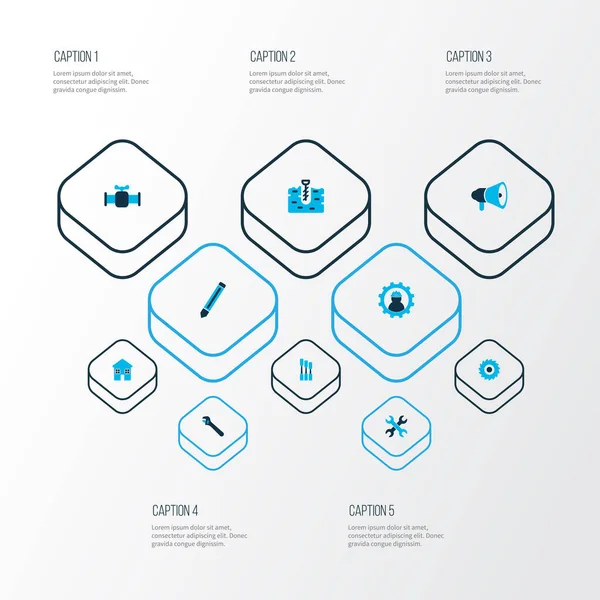 Industrie pictogrammen gekleurde set met freesmes, set sleutels, verstelbare moersleutel en andere megafoon elementen. Afzonderlijke illustratie industrie iconen. — Stockfoto