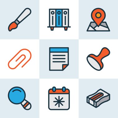 Araç simgeleri raf dizinleri, kalem açacağı, X günü ve diğer ataç ögeleri ile renklendirilmiş satır simgeleri. İzole vektör illüstrasyon aracı simgeleri.