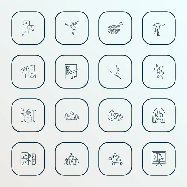 Estilo de vida iconos conjunto de estilo de línea con patrón de costura, pizza, planificación y otros elementos turísticos. Iconos de estilo de vida de ilustración vectorial aislado . — Vector de stock